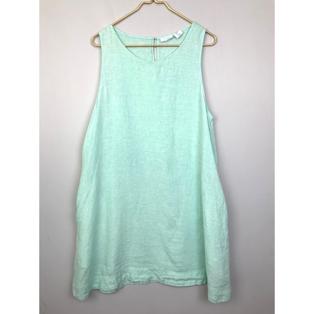 Sigrid Olsen Sz XL 100% Linen Aqua Sleeveless A-Line Knee Length Dress Pockets